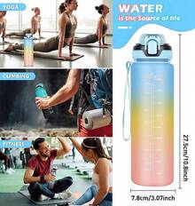 1L Bottle With Straw,Bottle Dishwasher ,Leak-Proof Sports Drinks Bottle With Maker & Bottle Brush,Running,Cycling, Gym, School & Office,Black - 藍色漸變 - 查看 6