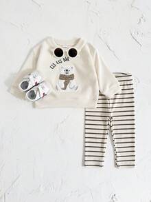 2 件套女婴服装套装：可爱北极熊刺绣白色长袖运动衫 + 打底裤，春秋 - 米色 - 查看 6