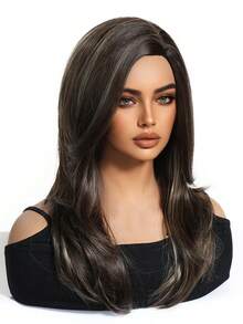 优雅耐热合成假发，20英寸长，棕色渐变卷发，无刘海，适合女性日常、婚礼、聚会和角色扮演等场合。 - 漸層棕色 - 查看 4