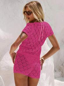 Women's Summer Vacation Outfits Crochet Mesh Sexy Hollow Beach Short Sleeve Knit Cardigan +Shorts 2 Pieces Set - Vacation 2 Pieces Sets Woman, Crochet Cover Club Outfits Women Sexy Slim Fit