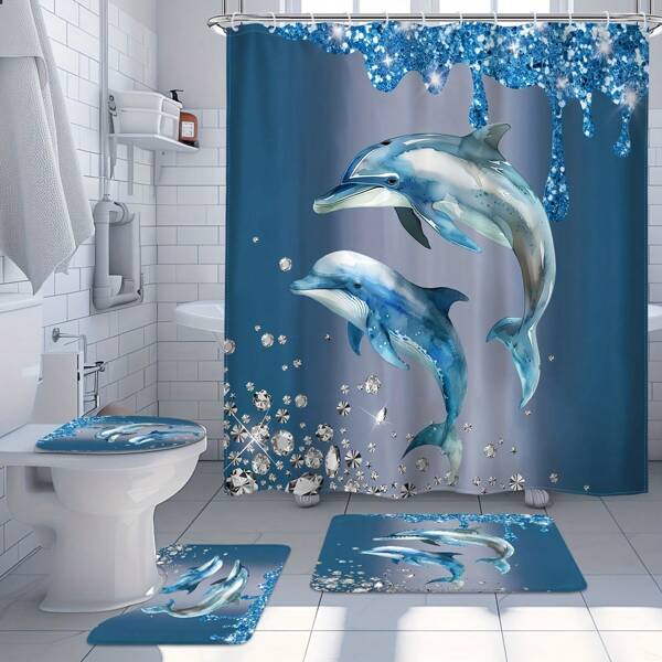 1pc/4pcs - Blue Dolphin Bathroom Set, Vintage Marine Animal Rhinestone Modern Art Decor 12 Hooks Waterproof Shower Curtain, Non-Slip Bath Mat, Toilet U-Shaped Lid Cover, Home Decor & Accessories, Gift