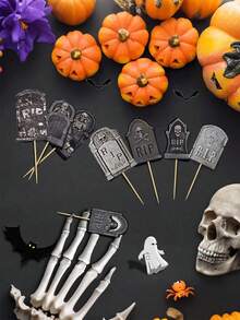 12 件万圣节纸杯蛋糕装饰墓碑蛋糕签墓地蛋糕装饰墓碑蛋糕签恐怖万圣节纸杯蛋糕装饰万圣节恐怖派对 - 彩色 - 查看 3