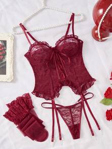 weiweihu 4-Piece Underwear Set  Halloween  Plain  Y2K  Romantic-French  Romantic-Floral  Sexy Cos  Classic Sexy  Ultra Sexy  Wild  Romantic-Babydoll  Polyester Embroidery  Cut Out  Bow  Lace Up  Sheer Purple Corset/White Corset/Red Corset/Corset De Mujer    4-Piece Set Of Mesh See-Through Underwear With Stockings  Available In All Seasons  Ribbon Straps Thin Belt Style Bow Tie  Special Moments, Intimate Moments A Gift For A Woman, An Intimate Gift Passion In Bed  Shapewear  Lingerie Dress Pajama Sets For Women Lencería Sexy Para Mujeres - 酒紅色 - 查看 5
