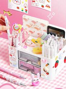 1 pieza Caja de almacenamiento de maquillaje, organizador de escritorio con cajón, estuche de exhibición de cosméticos de gran capacidad con múltiples rejillas, soporte para brochas de maquillaje, apto para guardar lápiz labial, joyería, manicura, productos para el cuidado de la piel, organizador de tocador de baño, decoración de tocador, contenedor de artículos de oficina, suministros de vuelta al colegio, regalo navideño, regalo de Navidad