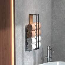 Rustic Wooden Towel Holder, 40/50 Cm, Wall-Mounted & Drill-Free, Rollable, Suitable For Bath, Hand & Beach Towels - 黑色 - 查看 3