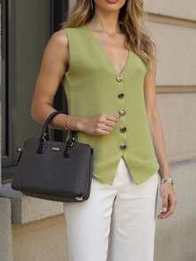 Women's Fashionable Button Knitted Vest Style Casual Short Cardigan, Spring/Autumn - Light Green - View 6