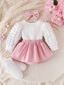 Baby Girl Sweet Cute 4pcs Set, 3D Embroidered Heart & Bow Decor Contrast Color Splice Ruffle Bodysuit Dress With Bow Headband And Decorated Socks