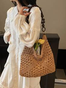 Bolsa Casual de Verão Feminina para Férias, Tecida, Bolsa de Praia Casual para Compras, Nova Chegada Bolsa de Ombro de Palha Feita à Mão