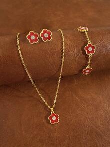 Winglove 1 Set Style Five-Leaf Flower Earrings Necklace Bracelet Jewelry Set - Fashion Lucky Flower Jewelry Set Suitable For Daily Wear Christmas New Year Valentine's Day Holiday Gift - Yellow Gold - View 1