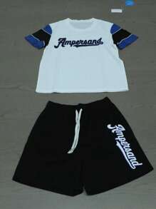 Men's Letter Print Crew Neck Short Sleeve Casual T-Shirt And Drawstring Waist Shorts Set, Summer