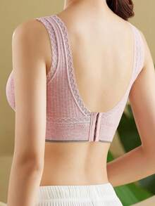 1pc Maternity Lace Trim Crossover Wireless Seamless Nursing Bra, Pink - Pink - View 2