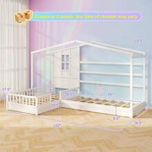 L-Shaped Double Twin Beds House Platform Beds W/ Window & Fences Ray - White - View 3
