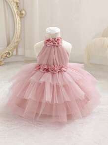 Baby Girls' Elegant Fuchsia Sleeveless Floral 3D Mesh Princess Dress, Adorable Party Gown Suitable For Girl's 1st Birthday, Wedding, Banquet, Holiday, Festival Celebration