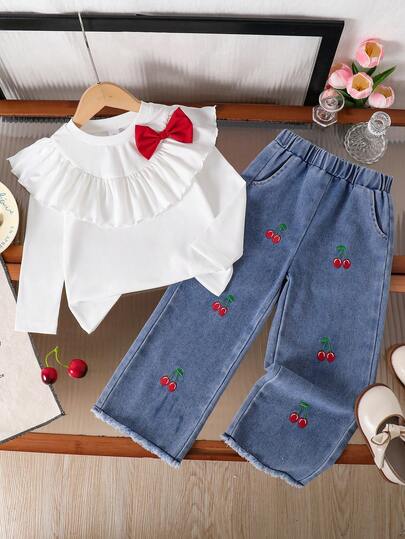 Young Girl Bow Decor Ruffle Hem Long Sleeve T-Shirt And Jeans Casual Outfit