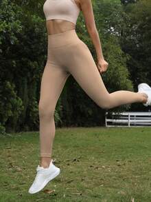 女款高腰收腹瑜伽褲，純色不透光，高彈力秋季款 - 卡其色 - 查看 2