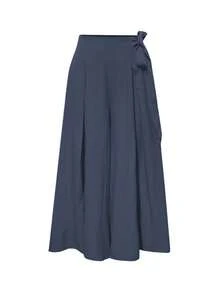 女士休闲优雅阔腿裤，采用粗纺面料，高腰设计，配有松紧腰带和侧边系带，适合春夏穿着。 - 藏藍 - 查看 4