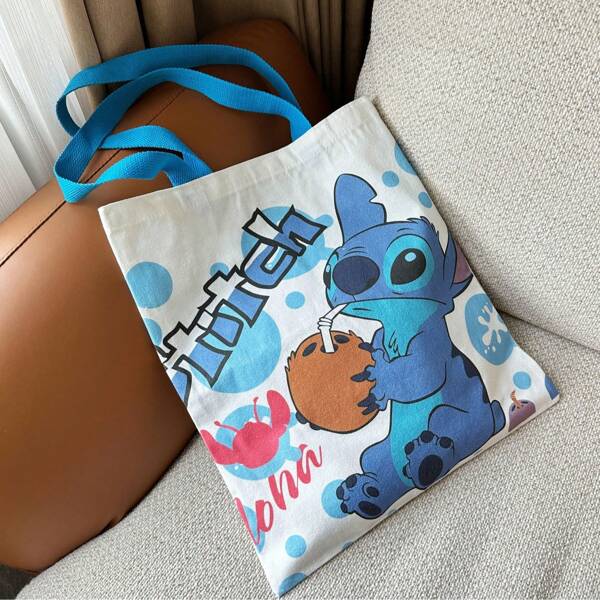 Disney Stitch Cartoon Character High-Quality Canvas Tote Bag, Large Capacity, Cute Student Shoulder Bag, Handbag, Shopping Bag For Women Teacher Gifts