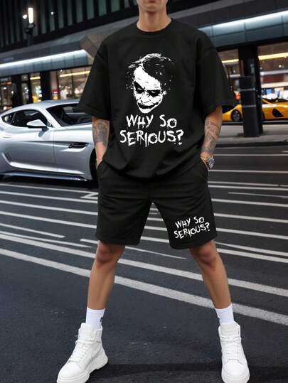 Warner Bros Warner Bros Men's T-Shirt Set, Casual Joker Print Short Sleeve T-Shirt And Shorts 2 Pieces Set, Summer
