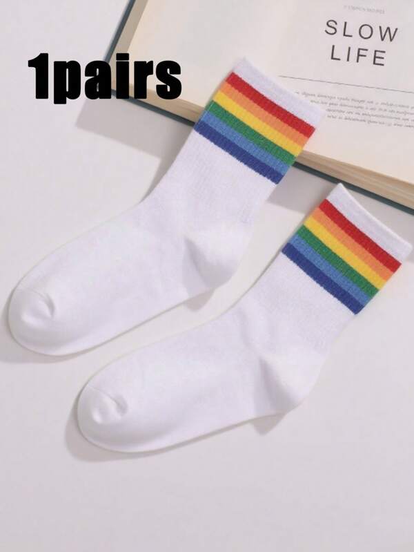 1 Paar Damen Kniestrümpfe, Regenbogen gestreift, vielseitig einsetzbare Lässig socken, weich und bequem, geeignet für den täglichen Gebrauch, ganzjährig