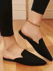 Spring Summer Autumn Fashion Pointed Toe Black Knit Slip-On Women's Flat Slippers, Breathable And Comfortable, Convenient For Travel, Suitable For Daily Lightweight Wear, Summer Slippers - Black Suede - View 3