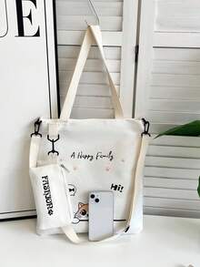 Canvas Tote Bag, Middle/Elementary School Students Schoolbag, Shoulder Messenger Bag, Versatile Large Capacity Backpack - White - View 4