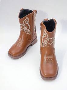 Girls High Boots/Mid Calf Boots With Embroidery, Block Heel, Color Splicing, Side Zipper, For Girls, Suitable For Autumn/Winter - Brown - View 7