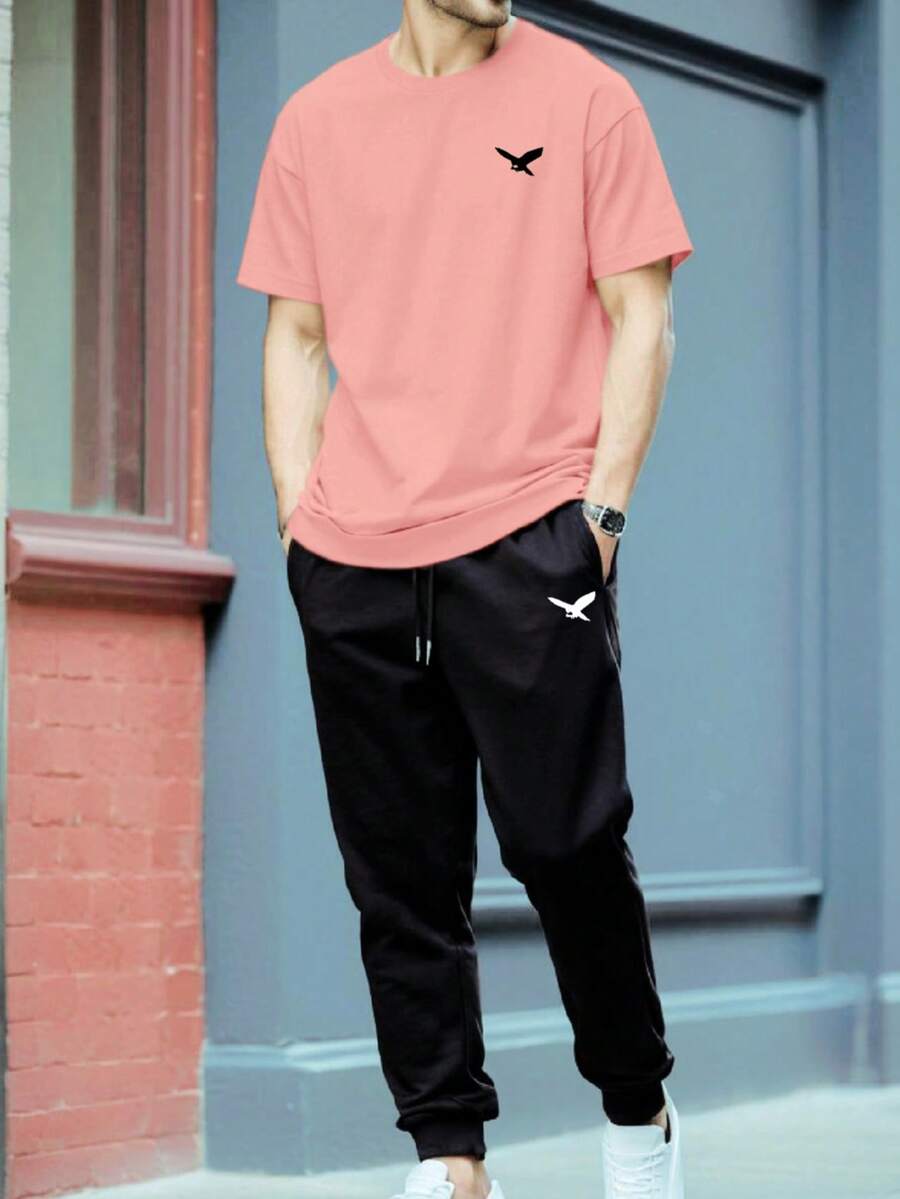 男士鹰印花休闲日常短袖T恤和裤子套装 - 淺粉色 - 查看 1