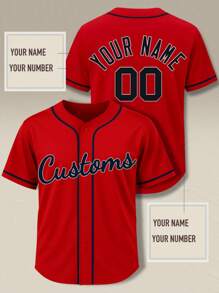 Customizable Men's Baseball Jersey Red V-Neck Embroidered With Name & Number - Loose Fit Button-Up Shirt For Outdoor Sports, Casual Wear, Parties, Sports Team Apparel | Breathable Fabric,Custom Halloween Christmas Holiday Gift - Red - View 2