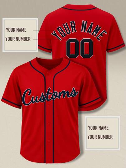 Customizable Men's Baseball Jersey Red V-Neck Embroidered With Name & Number - Loose Fit Button-Up Shirt For Outdoor Sports, Casual Wear, Parties, Sports Team Apparel | Breathable Fabric,Custom Halloween Christmas Holiday Gift