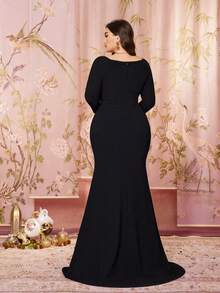 SUPGIR 大码女式V领长袖亮片刺绣修身美人鱼针织长款优雅晚礼服派对 - 黑色 - 查看 4