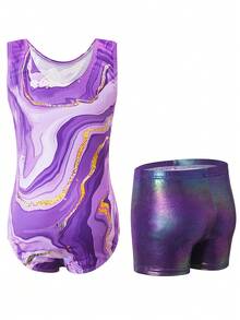 Girls' Gymnastics Tight Jumpsuit Set Girls' Sparkling Ballet Dance Costume Two-Piece Set Sparkling Rolling Shorts - Purple - View 2