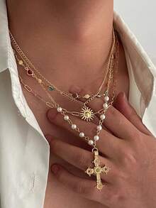 4 Pieces Colorful Gemstone Pearl Sun Cross Gorgeous Fashion Metal Silver Women's Necklace Set, Suitable For Banquet Dance Party Concert Match Daily Clothing Accessories - 銀色 - 查看 2