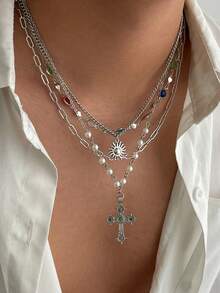 4 Pieces Colorful Gemstone Pearl Sun Cross Gorgeous Fashion Metal Silver Women's Necklace Set, Suitable For Banquet Dance Party Concert Match Daily Clothing Accessories - 銀色 - 查看 4