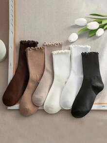 8双女童荷叶边中筒袜，纯色INS袜子，女士休闲中筒袜，简约舒适透气运动袜，篮球袜，足球袜，黑袜，白袜，情侣袜，吸湿排汗，抗菌防臭，商务休闲适用，户外运动，跑步，学院风， - 彩色 - 查看 9