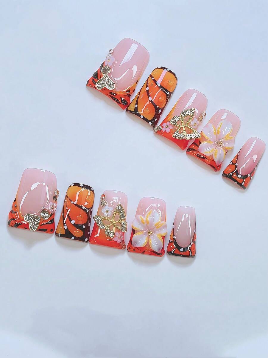 10 件 Y2K Nails 别致鸭嘴指甲套装 - 手工制作，黄色指甲，黄黑渐变法式风格，手工 3D 花朵搭配黄色花瓣，手绘橙色翅膀和斑马纹法式尖头，粉色小花元素设计，闪亮水钻和金色蝴蝶点缀 - 适合女士和女孩，派对、婚礼、日常佩戴，包含工具包。鸭嘴指甲。手工按压指甲。假指甲。美甲用品 美甲用品 指甲 - 彩色 - 查看 1