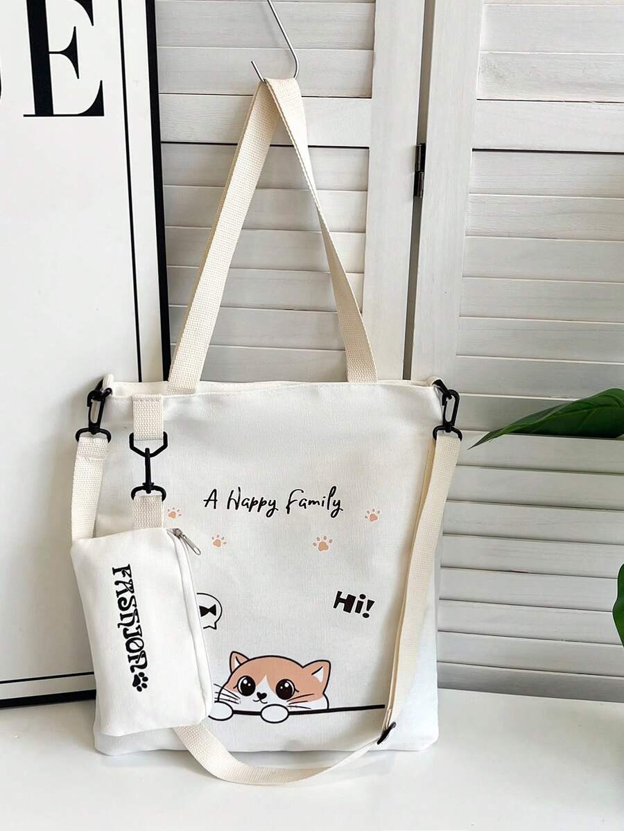 Canvas Tote Bag, Middle/Elementary School Students Schoolbag, Shoulder Messenger Bag, Versatile Large Capacity Backpack - White - View 1