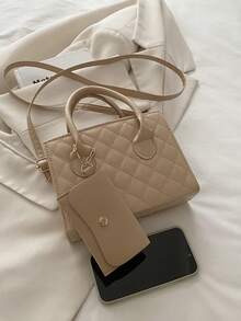 輕薄商務休閒拼花雙手提方形袋，附小袋適合十幾歲女生、女性大學生、初入職場的白領 workers。適用於辦公室、學院、工作、商務、通勤、戶外、旅行和郊遊。