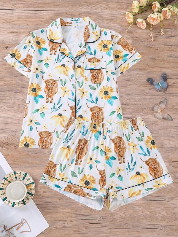 2pcs/Set Women Cow Print Pajama Set, Short Sleeve Collared Button Top And Elastic Waist Shorts, Suitable For Holidays, Parties, Casual Outdoor & Indoor Wear, All Seasons