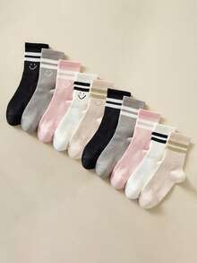 5 双女式纯色条纹图案时尚袜子，柔软舒适透气休闲中筒袜，适合日常穿着