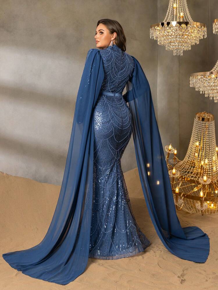 Plus Elegant Long Sleeve Mandarin Collar Evening Gown With Flowing Cape & Mermaid Hem - Formal Dresses For Galas, Red Carpet, Weddings, Evening Soirees Party - Dusty Blue - View 2