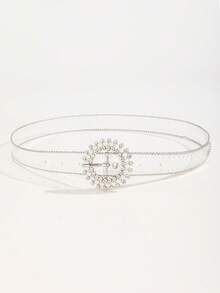 1条镶钻珍珠装饰三爪扣透明边腰带，时尚百搭，可搭配连衣裙，简约设计，适合日常穿着。 - 無色 - 查看 2