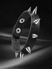 Xiacheng 1/6/9 件装尖头铆钉手链黑色皮革铆钉朋克手链袖口缠绕手镯按扣金属腕带男女通用