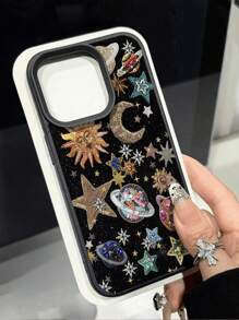 1pc New Colorful Painted Luxury Planet & Sun/Moon Pattern Litchi Texture Anti-Fall Anti-Slip Soft Phone Case Suitable Compatible With Apple & Phones