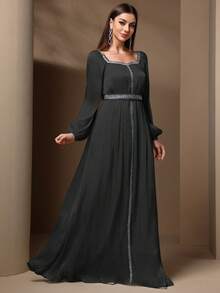 Women's Elegant Sequin & Ribbon Patchwork Lantern Sleeve Dress, Spring & Summer - Black - View 3