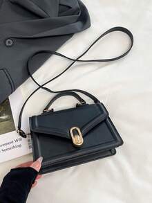 Arrow Design 时尚 PU 皮革手提包，2025 新款韩版托特包，纯色斜挎单肩包，小方包 - 黑色 - 查看 7