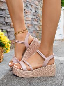 Women's Platform Wedge Sandals, Summer New Casual Vacation Fashion Woven Transparent Open Toe Bohemian Sexy Slippers - Baby Pink - View 5