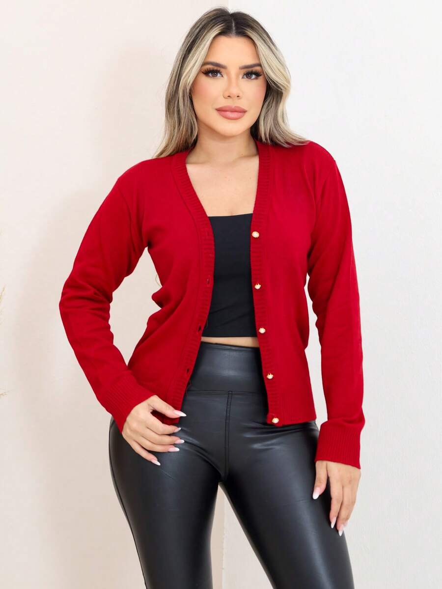 MONNEI Cardigan Knit Jacket With Buttons - Đỏ - Xem 1