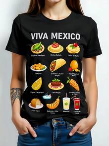 Camiseta de  con estampado "Viva México", 180g, algodón, cuello redondo, manga corta. Incluye alimentos típicos: ensalada de nopales, chiles rellenos, chiles de Pátzcuaro, tamales, enchiladas, tacos al pastor, guacamole, caldo de res, pan de elote, aguas frescas. Perfecta para celebrar la cultura mexicana con estilo. Importación de alta calidad, ideal para cualquier ocasión festiva. - Negro - Ver 1