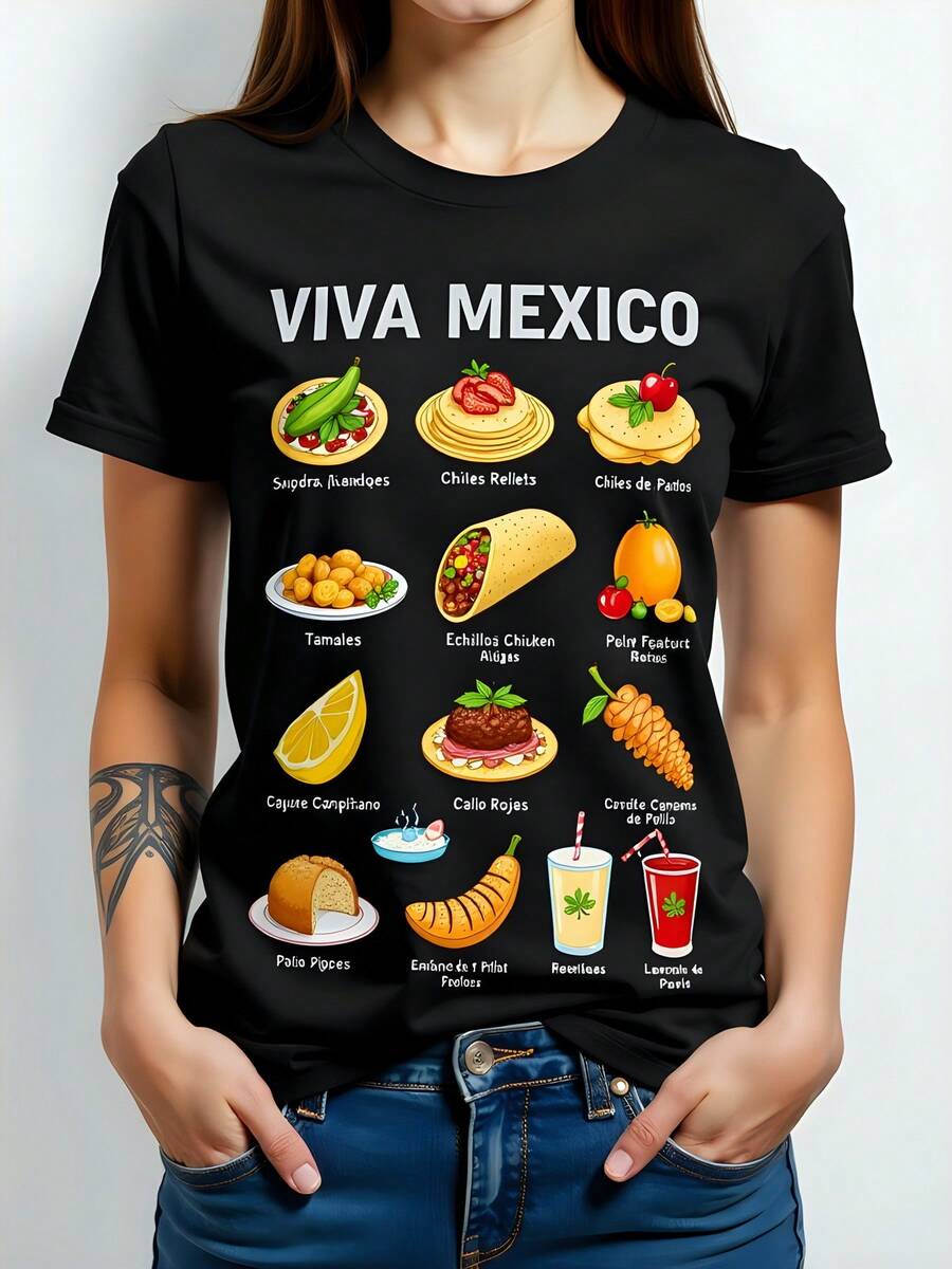 Camiseta de con estampado "Viva México", 180g, algodón, cuello redondo, manga corta. Incluye alimentos típicos: ensalada de nopales, chiles rellenos, chiles de Pátzcuaro, tamales, enchiladas, tacos al pastor, guacamole, caldo de res, pan de elote, aguas frescas. Perfecta para celebrar la cultura mexicana con estilo. Importación de alta calidad, ideal para cualquier ocasión festiva. - Negro - Ver 1