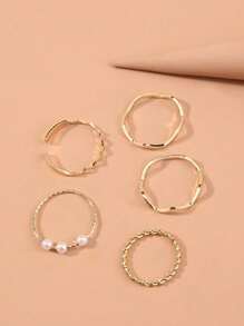 Set de 5 anillos ondulados ajustables minimalistas de perla falsa, adecuados para apilar diariamente para mujeres